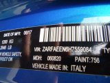 2017 Giulia Color Code for Misano Blue Metallic - Color Code: 756