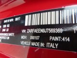 2018 Giulia Color Code for Rosso (Red) Alfa - Color Code: 414