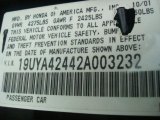 2002 Acura CL 3.2 Info Tag