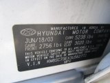 2003 Hyundai Santa Fe LX 4WD Info Tag