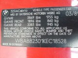 1989 BMW 3 Series 325i Convertible Info Tag