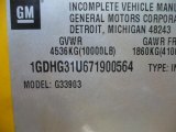 2007 GMC Savana Cutaway 3500 Commercial Cargo Van Info Tag