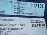 2002 Ford Thunderbird Premium Roadster Window Sticker