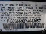 2000 Honda Accord SE Sedan Info Tag