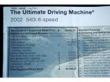 2002 BMW 5 Series 540i Sedan Window Sticker