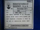 2012 Maserati GranTurismo Convertible GranCabrio Info Tag