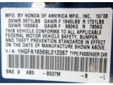 2009 Civic Color Code for Atomic Blue Metallic - Color Code: B537M