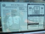 2012 Nissan Altima 2.5 S Window Sticker