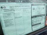 2012 Nissan Versa 1.6 S Sedan Window Sticker