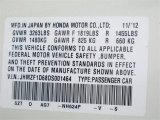 2013 CR-Z Color Code for Premium White Pearl - Color Code: NH624P