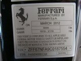 2012 Ferrari 458 Italia Info Tag