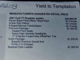 2001 Audi TT 1.8T quattro Roadster Window Sticker