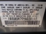 2000 Acura TL 3.2 Info Tag