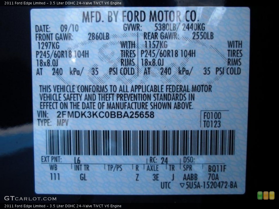 3.5 Liter DOHC 24-Valve TiVCT V6 Engine for the 2011 Ford Edge #38061335