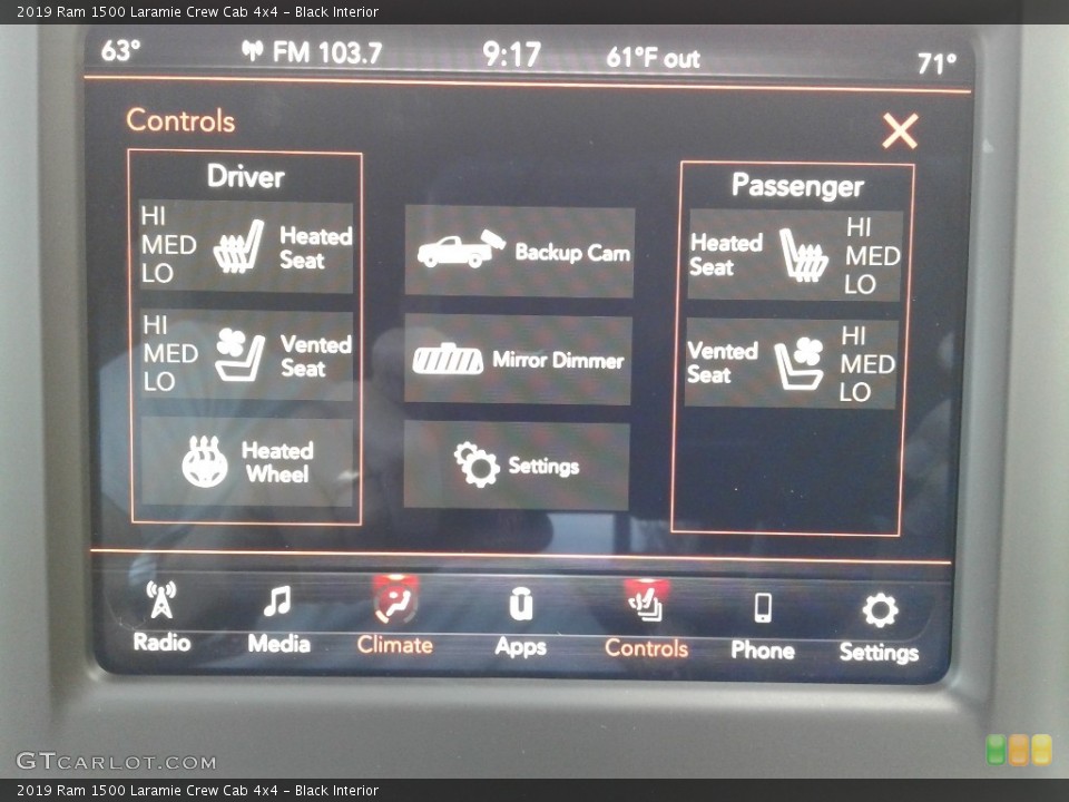 Black Interior Controls for the 2019 Ram 1500 Laramie Crew Cab 4x4 #126349157