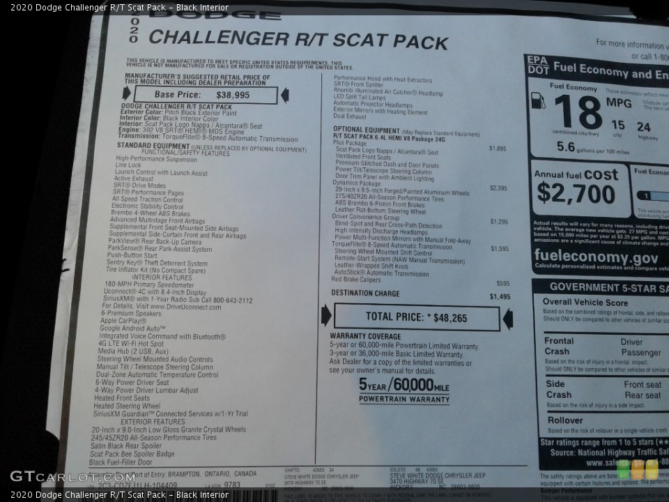 Black Interior Steering Wheel for the 2020 Dodge Challenger R/T Scat Pack #136908886