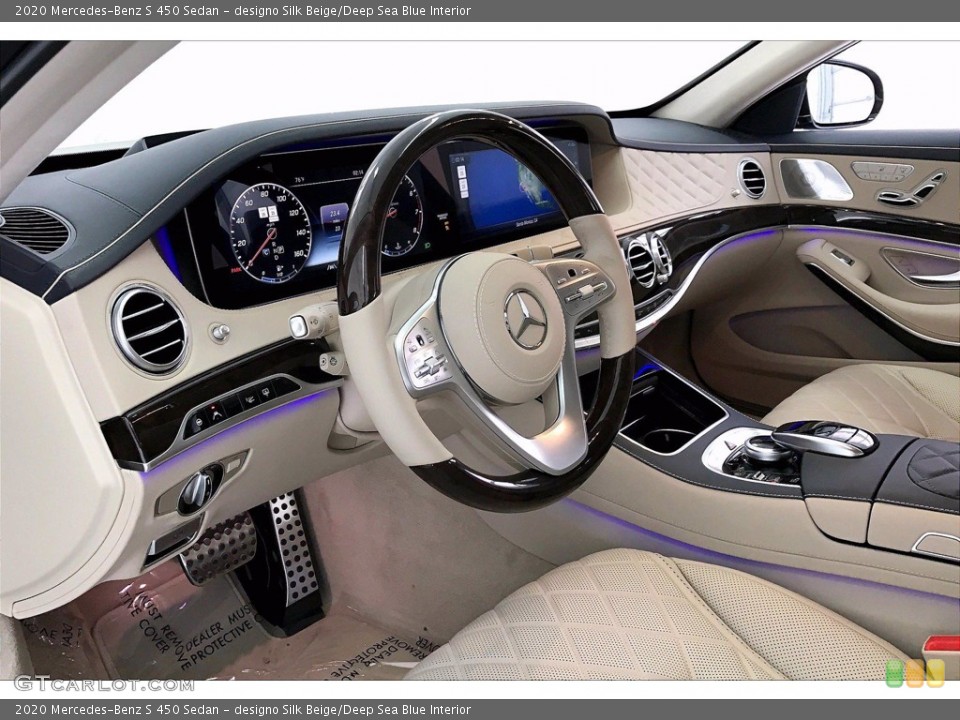 designo Silk Beige/Deep Sea Blue Interior Photo for the 2020 Mercedes-Benz S 450 Sedan #140132274