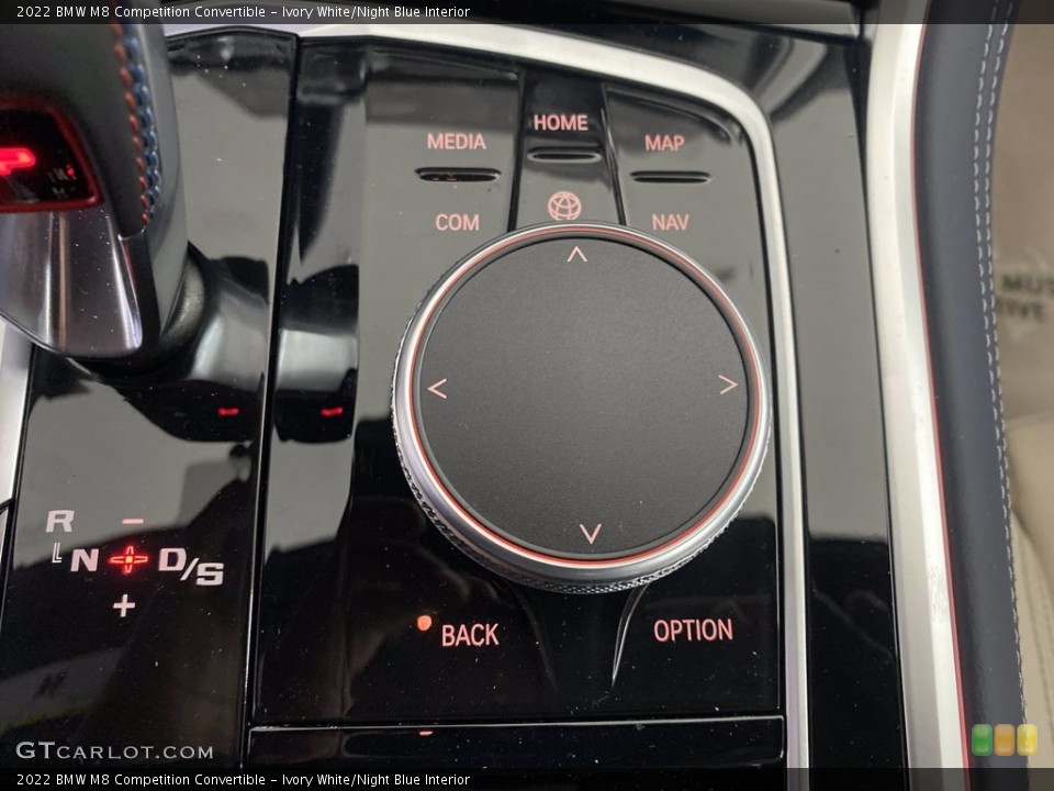 Ivory White/Night Blue Interior Controls for the 2022 BMW M8 Competition Convertible #143941061