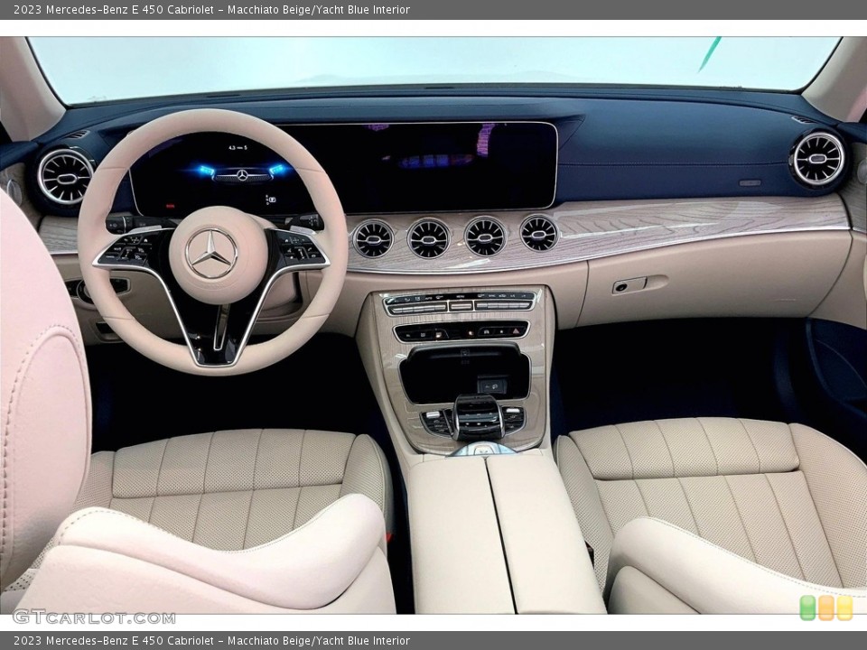 Macchiato Beige/Yacht Blue Interior Dashboard for the 2023 Mercedes-Benz E 450 Cabriolet #146466975