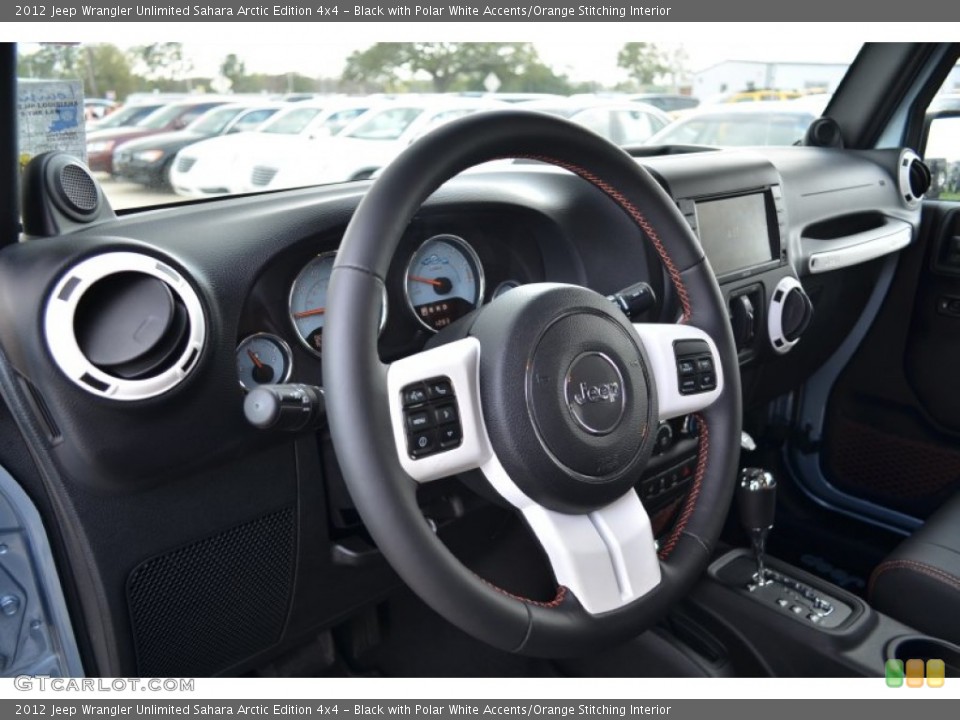 Black with Polar White Accents/Orange Stitching Interior Steering Wheel for the 2012 Jeep Wrangler Unlimited Sahara Arctic Edition 4x4 #61875022