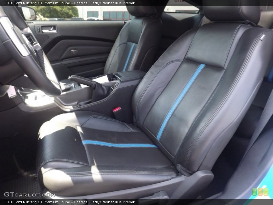 Charcoal Black/Grabber Blue Interior Front Seat for the 2010 Ford Mustang GT Premium Coupe #66905014