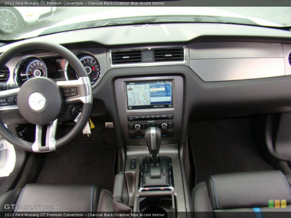 Charcoal Black/Grabber Blue Accent Interior Dashboard for the 2013 Ford Mustang GT Premium Convertible #77738302