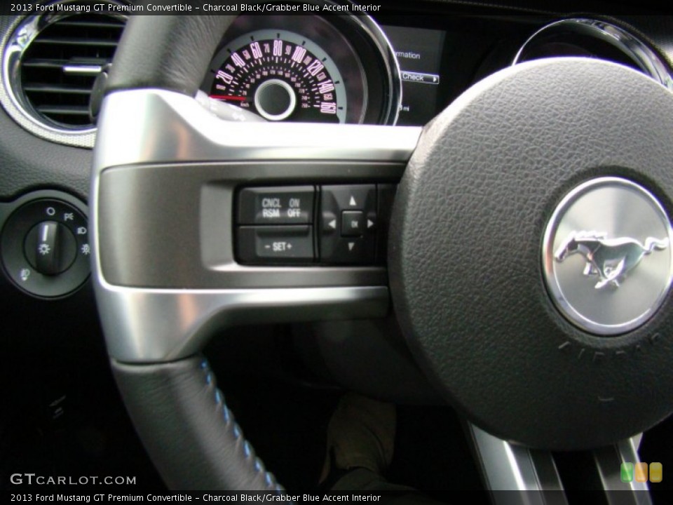 Charcoal Black/Grabber Blue Accent Interior Controls for the 2013 Ford Mustang GT Premium Convertible #77738432