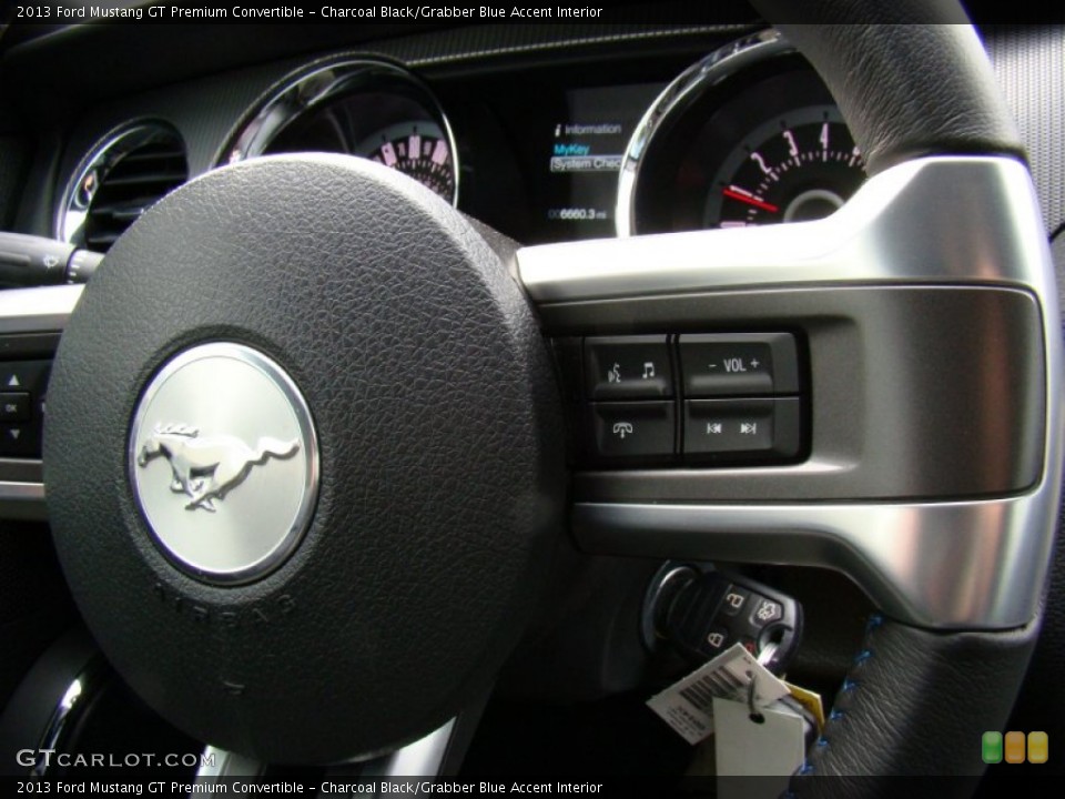 Charcoal Black/Grabber Blue Accent Interior Controls for the 2013 Ford Mustang GT Premium Convertible #77738451