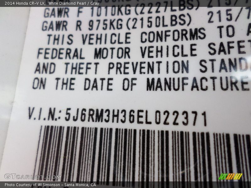 White Diamond Pearl / Gray 2014 Honda CR-V LX