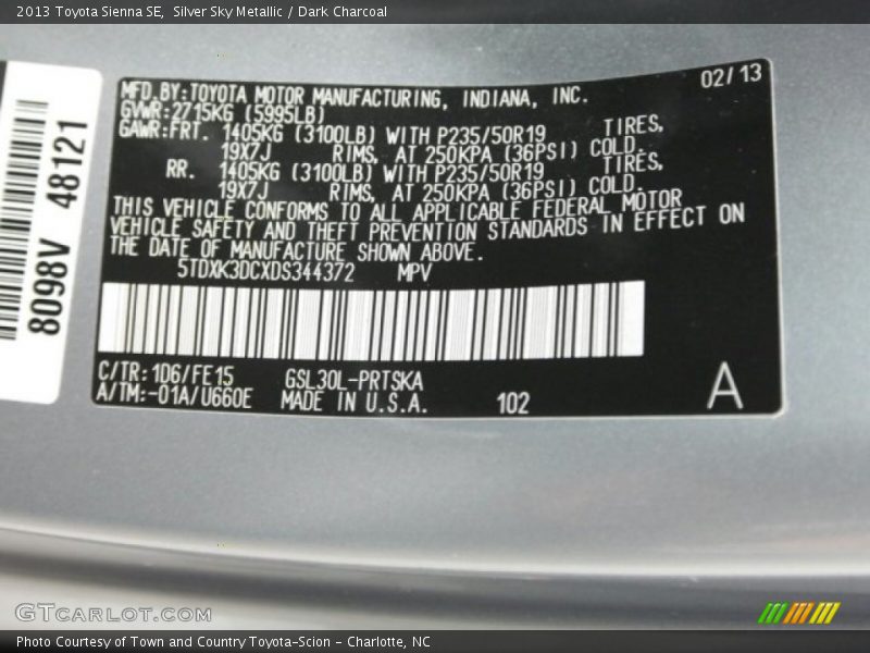 Silver Sky Metallic / Dark Charcoal 2013 Toyota Sienna SE