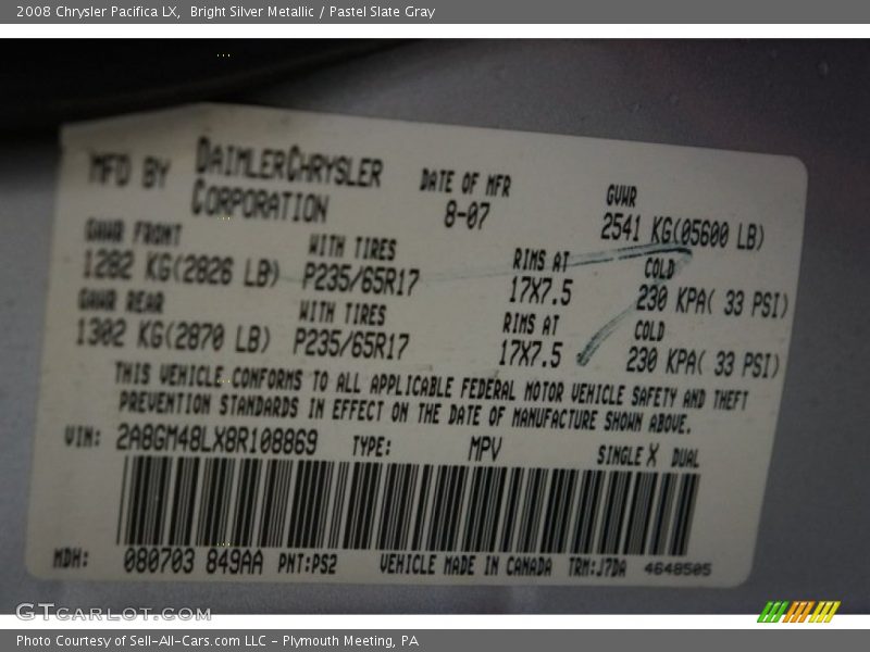 Bright Silver Metallic / Pastel Slate Gray 2008 Chrysler Pacifica LX