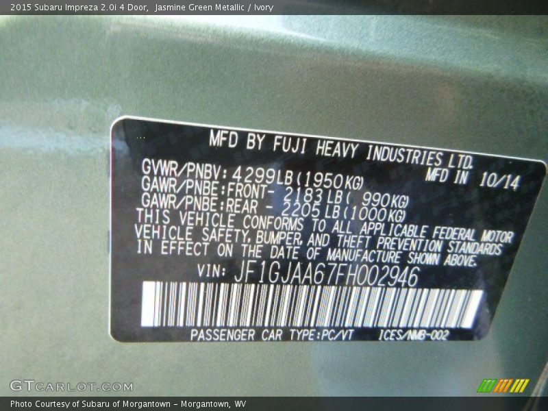 Jasmine Green Metallic / Ivory 2015 Subaru Impreza 2.0i 4 Door