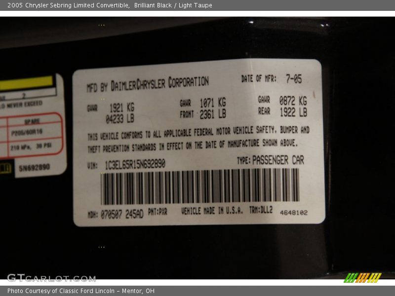 Brilliant Black / Light Taupe 2005 Chrysler Sebring Limited Convertible