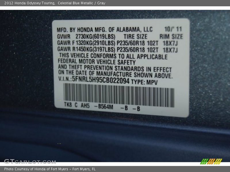 Celestial Blue Metallic / Gray 2012 Honda Odyssey Touring