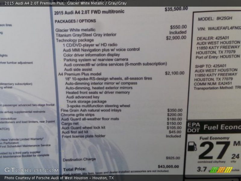 Glacier White Metallic / Gray/Gray 2015 Audi A4 2.0T Premium Plus