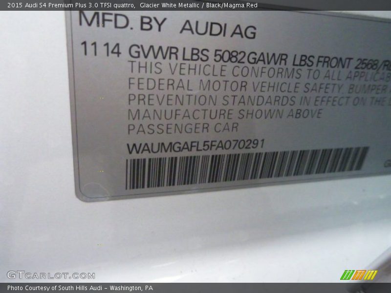 Glacier White Metallic / Black/Magma Red 2015 Audi S4 Premium Plus 3.0 TFSI quattro
