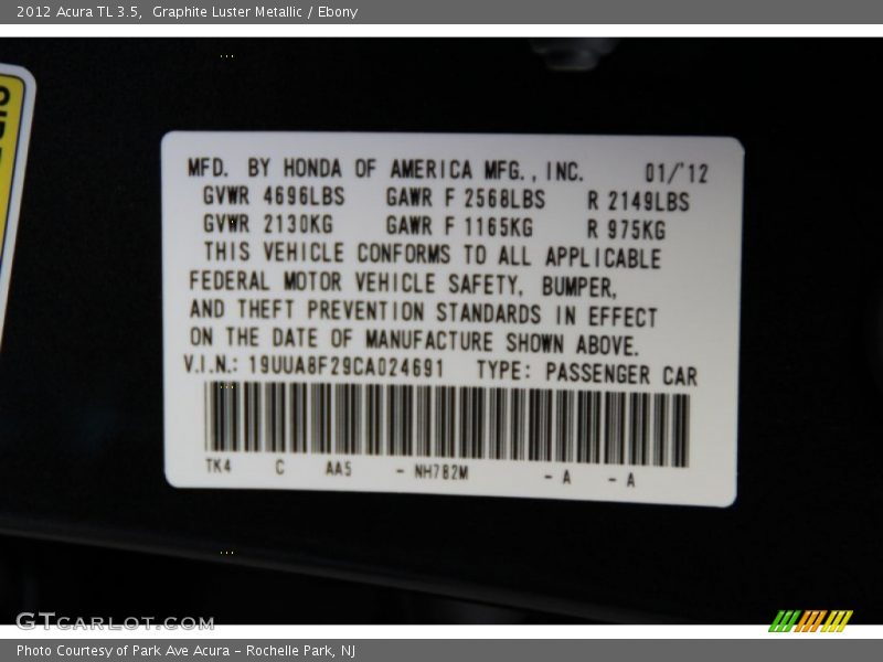 Graphite Luster Metallic / Ebony 2012 Acura TL 3.5