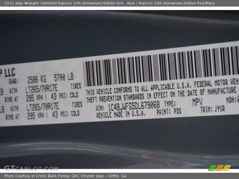 2013 Wrangler Unlimited Rubicon 10th Anniversary Edition 4x4 Anvil Color Code PDS