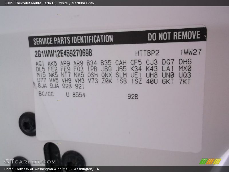 White / Medium Gray 2005 Chevrolet Monte Carlo LS