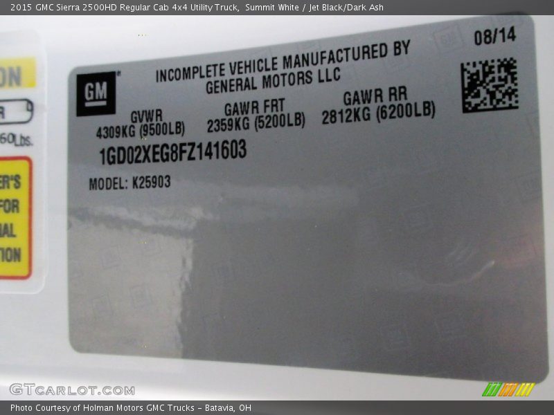 Summit White / Jet Black/Dark Ash 2015 GMC Sierra 2500HD Regular Cab 4x4 Utility Truck