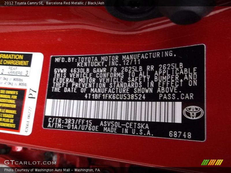 Barcelona Red Metallic / Black/Ash 2012 Toyota Camry SE