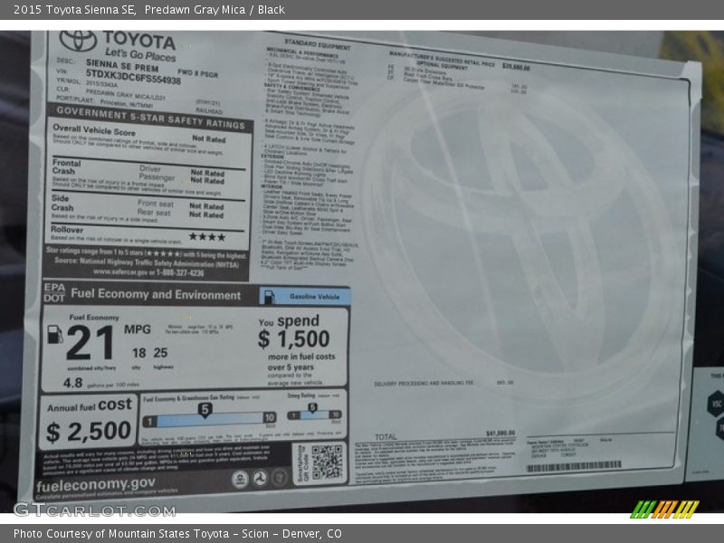 Predawn Gray Mica / Black 2015 Toyota Sienna SE