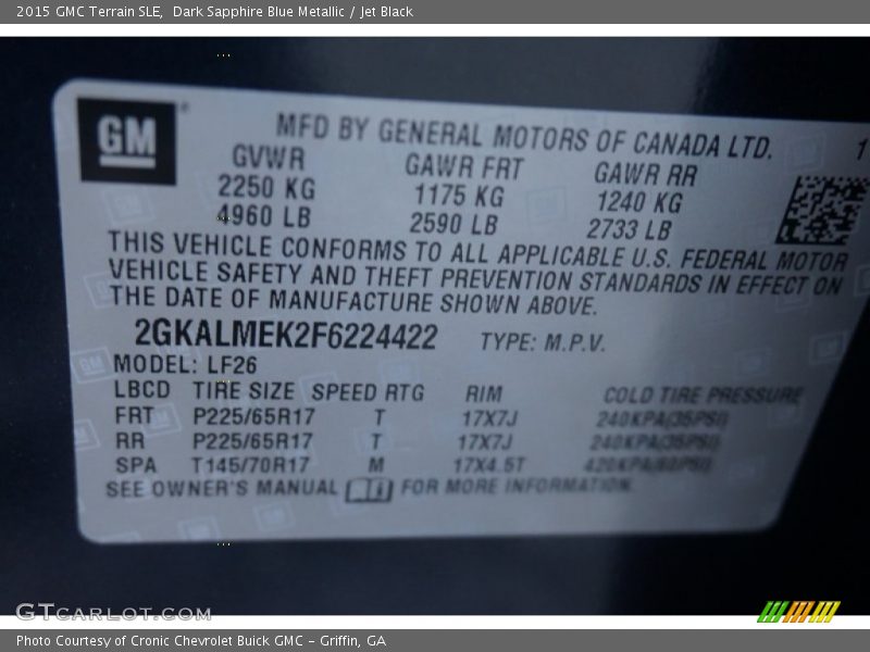 Dark Sapphire Blue Metallic / Jet Black 2015 GMC Terrain SLE