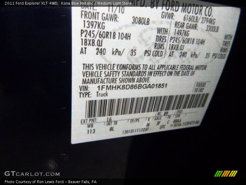 Kona Blue Metallic / Medium Light Stone 2011 Ford Explorer XLT 4WD