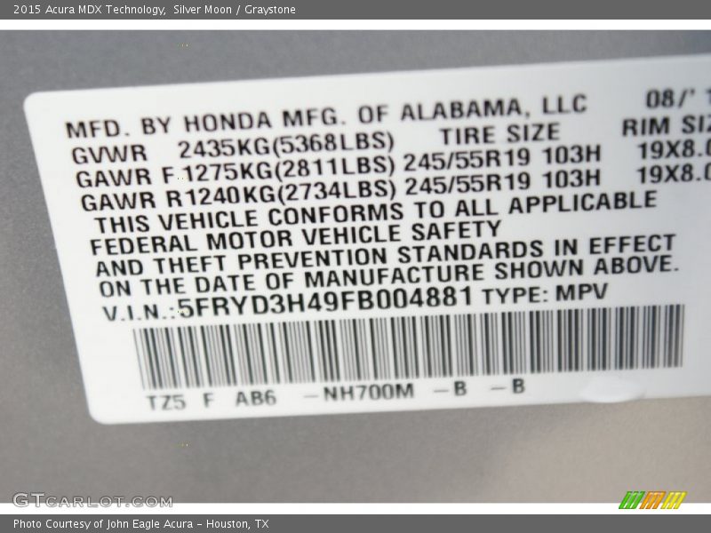 Silver Moon / Graystone 2015 Acura MDX Technology