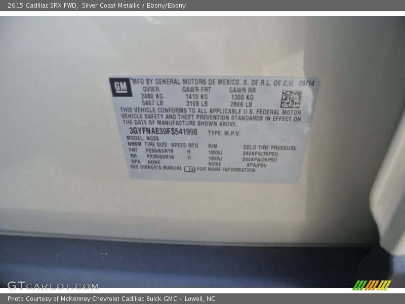 Silver Coast Metallic / Ebony/Ebony 2015 Cadillac SRX FWD
