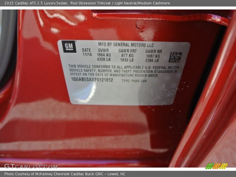 Info Tag of 2015 ATS 2.5 Luxury Sedan