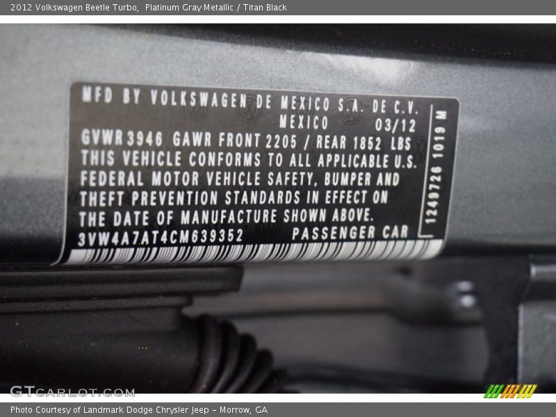 Platinum Gray Metallic / Titan Black 2012 Volkswagen Beetle Turbo