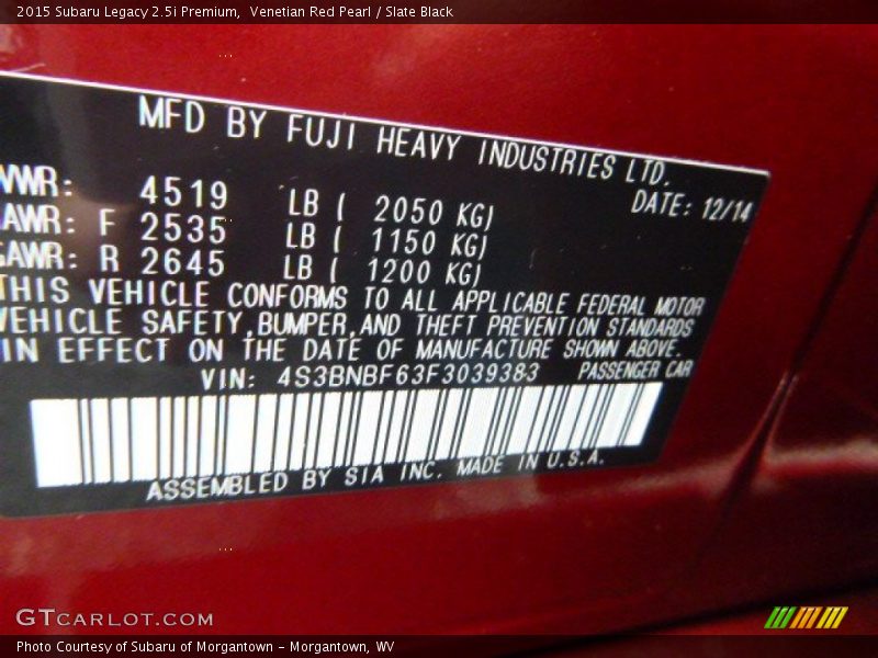 Venetian Red Pearl / Slate Black 2015 Subaru Legacy 2.5i Premium