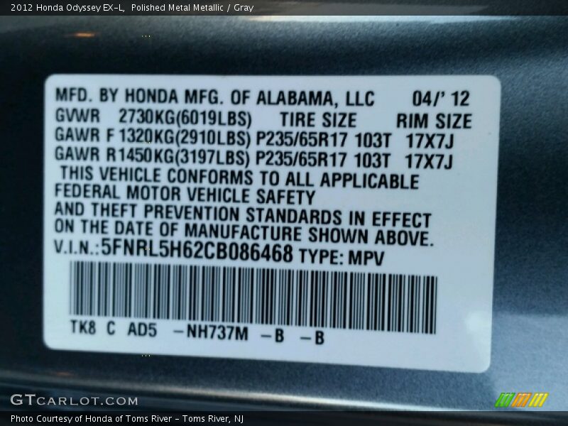 Polished Metal Metallic / Gray 2012 Honda Odyssey EX-L